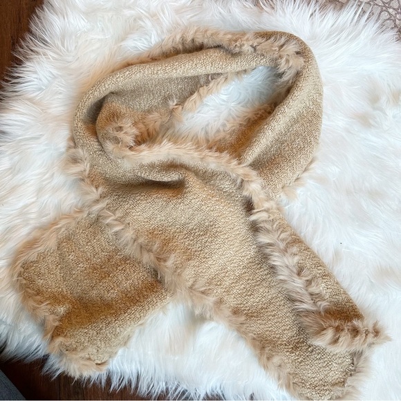 Vintage Accessories - Vintage Angora Rabbit Fur Trim Tan Knit Scarf Minimalist Classic